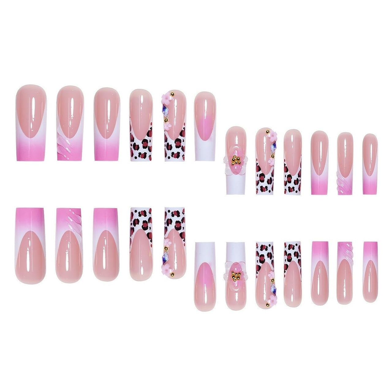 Gleamrain Long Square Press on Nails French Tip Fake Nails with Flower Design False Nails Elegant Full Cover Nails for Women and Girls 24pcs