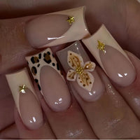 Thumbnail for Medium Square Press on Nails French Tip False Nails with Leopard Print 3D Flower and Stars Designs Fake Nail Embossed Acrylic Full Cover Stick on Nail for Women 24 Pcs (P-1, M-1)