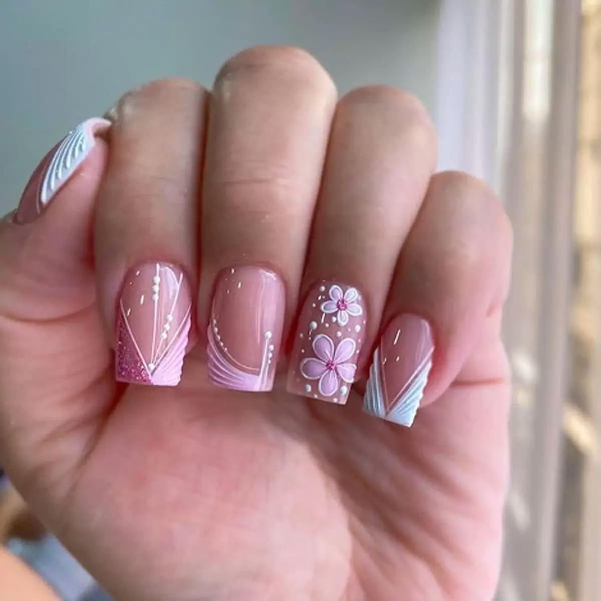 Square Press on Nails Short Fake Nails Pink False Nails with 3D Flower Design Glue on Nails French Acrylic Nails Glitter Full Cover Stick on Nails Cute Acrylic Nails for Women Manicure 24Pcs | Premium Nail Wraps - Premium Nail Wraps, Salon-Quality, Easy Application