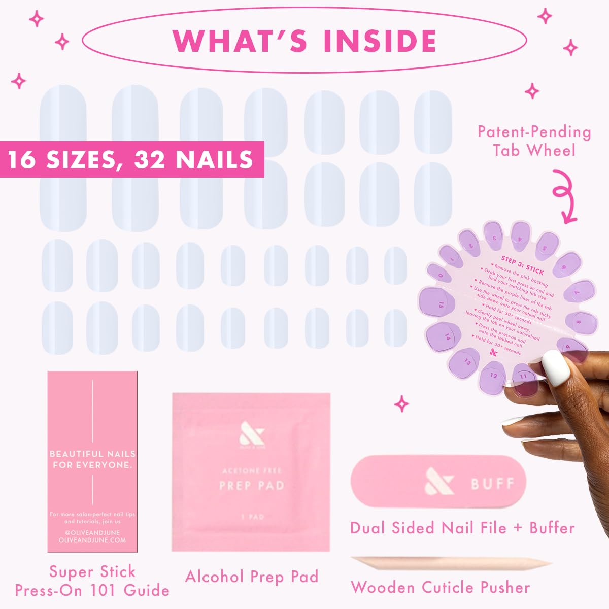 Olive & June Classic Super Stick Mani Press On Nails | Short, Round | No Glue Needed | 32 Tab Nails in 16 Sizes | Non-Toxic Tabs Easy On-Off Non-Damaging Realest Look | 7-Day Wear | Rink Pastel Blue
