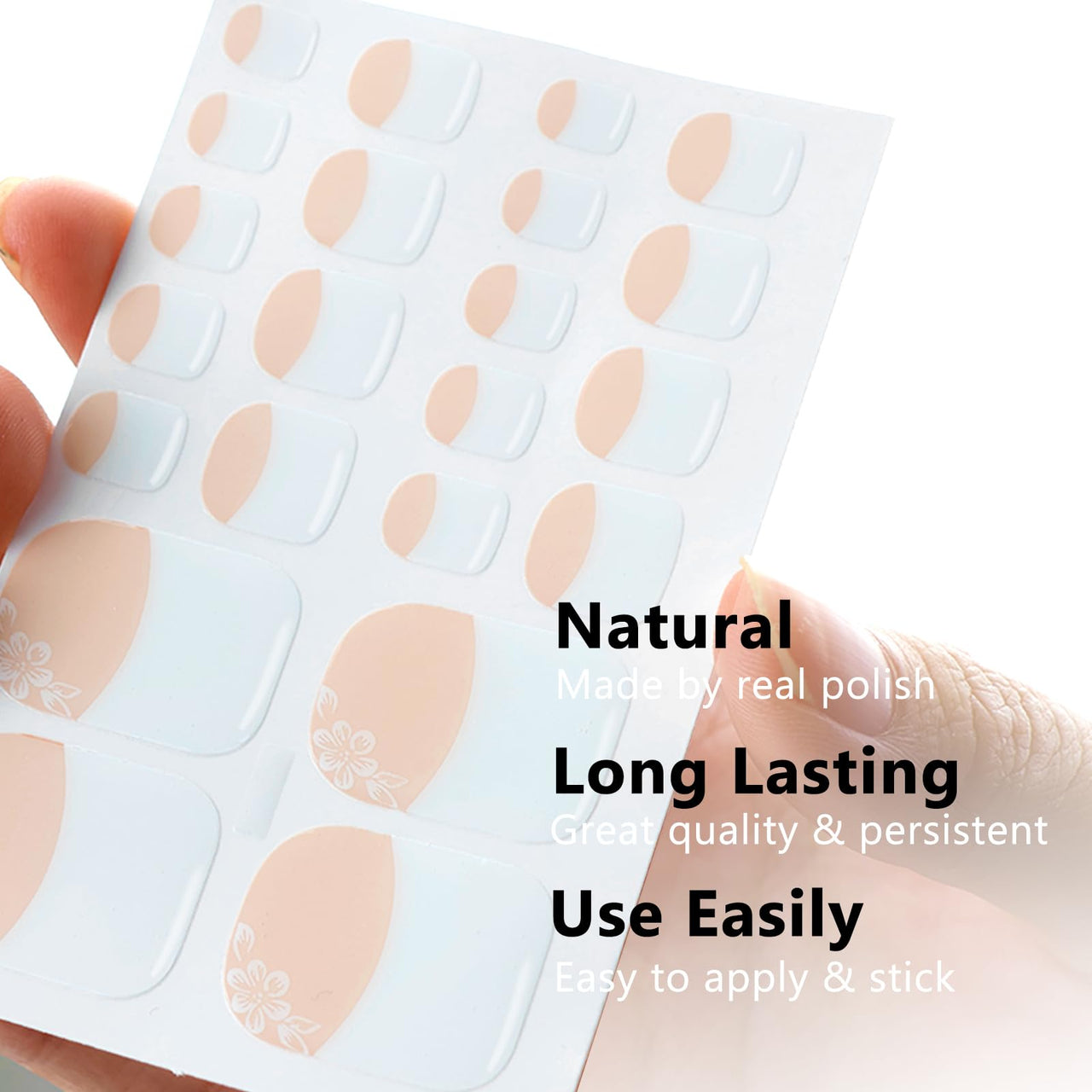 VOTACOS Nail Polish Strips for Toes, No UV Needed, Toe Nails Stickers White Flower French Toenail Gel Nail Strips Pedicure Full Nails Wraps for Women with 1 Wooden Stick, 1 Nail File & 2 Prep Pad