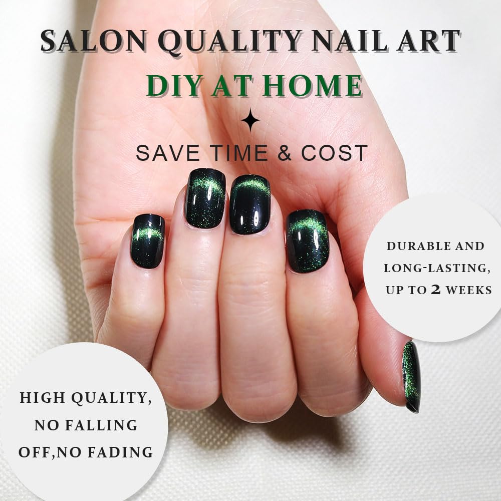 Dark Green Cat Eye Extra Short Press on Nails Square, Petite Short Square Glue on Nails for Women Gift, Smile Light Green Metallic Glitter Glossy Reusable Gel Press on Acrylic Fake Nail with Designs | Premium Nail Wraps