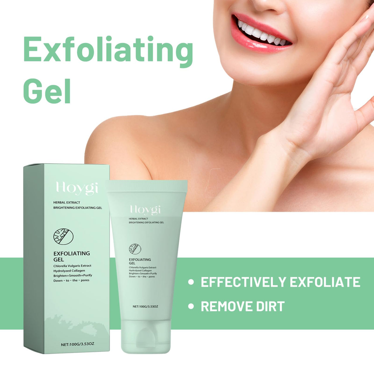 Gentle Exfoliating Facial Gel - Mint Green, with Chlorella & Hydrolyzed Collagen, Deep Cleansing, Pore Minimizer, Smoothing Scrub, 3.53 Oz
