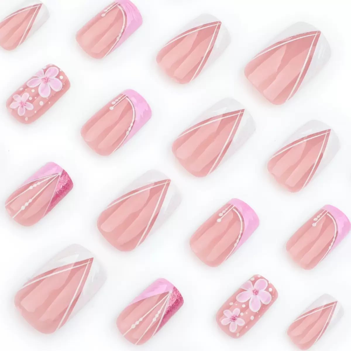 Square Press on Nails Short Fake Nails Pink False Nails with 3D Flower Design Glue on Nails French Acrylic Nails Glitter Full Cover Stick on Nails Cute Acrylic Nails for Women Manicure 24Pcs | Premium Nail Wraps