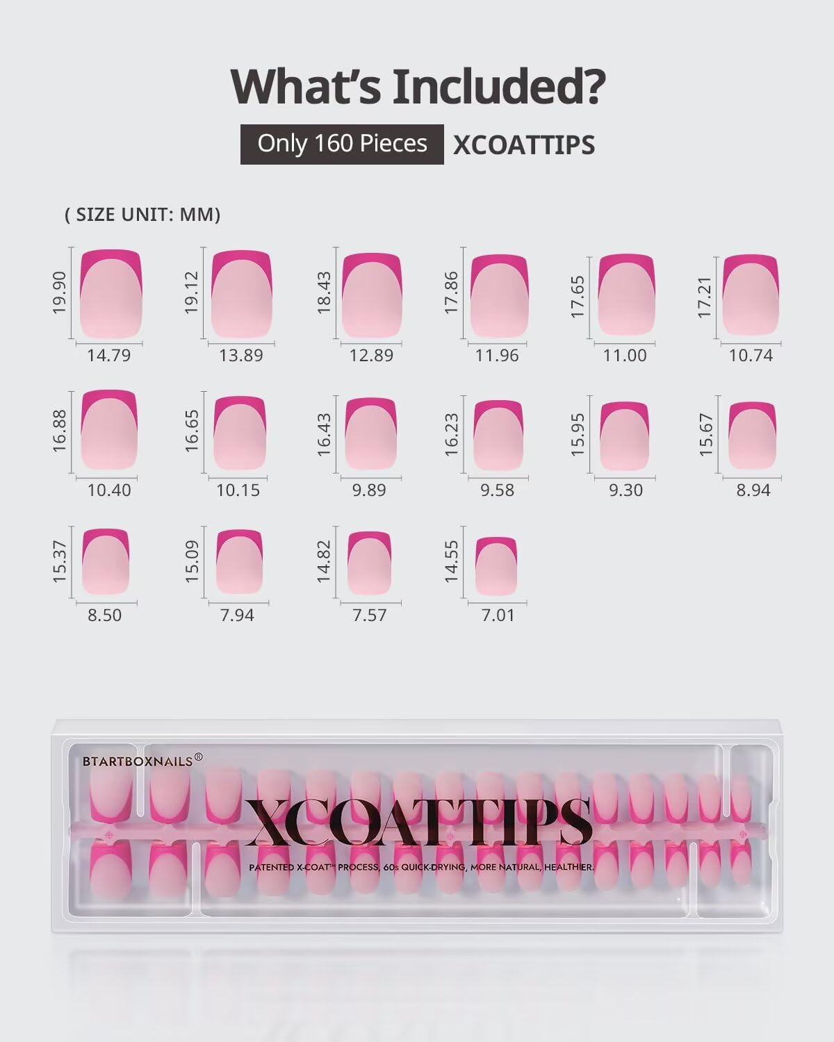 BTArtboxnails XCOATTIPS Pink French Tip Press On Nails - Short Press On Nails Square, Soft Gel Nail Tips, 160Pcs Soak Off Acrylic Pink Fake Nail Extension in 16 Sizes | Premium Nail Wraps