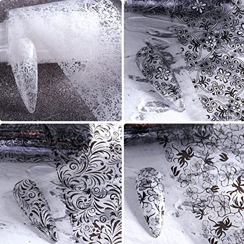 XEAOHESY 10 Rolls Lace Nail Art Foil Transfer Sticker Kit Black White Flower Foil Transfers Decals Nail Art Sticker Lace Flowers Nail Transfer Nail Nail Wraps Sheets Foil Nail Nail Wraps