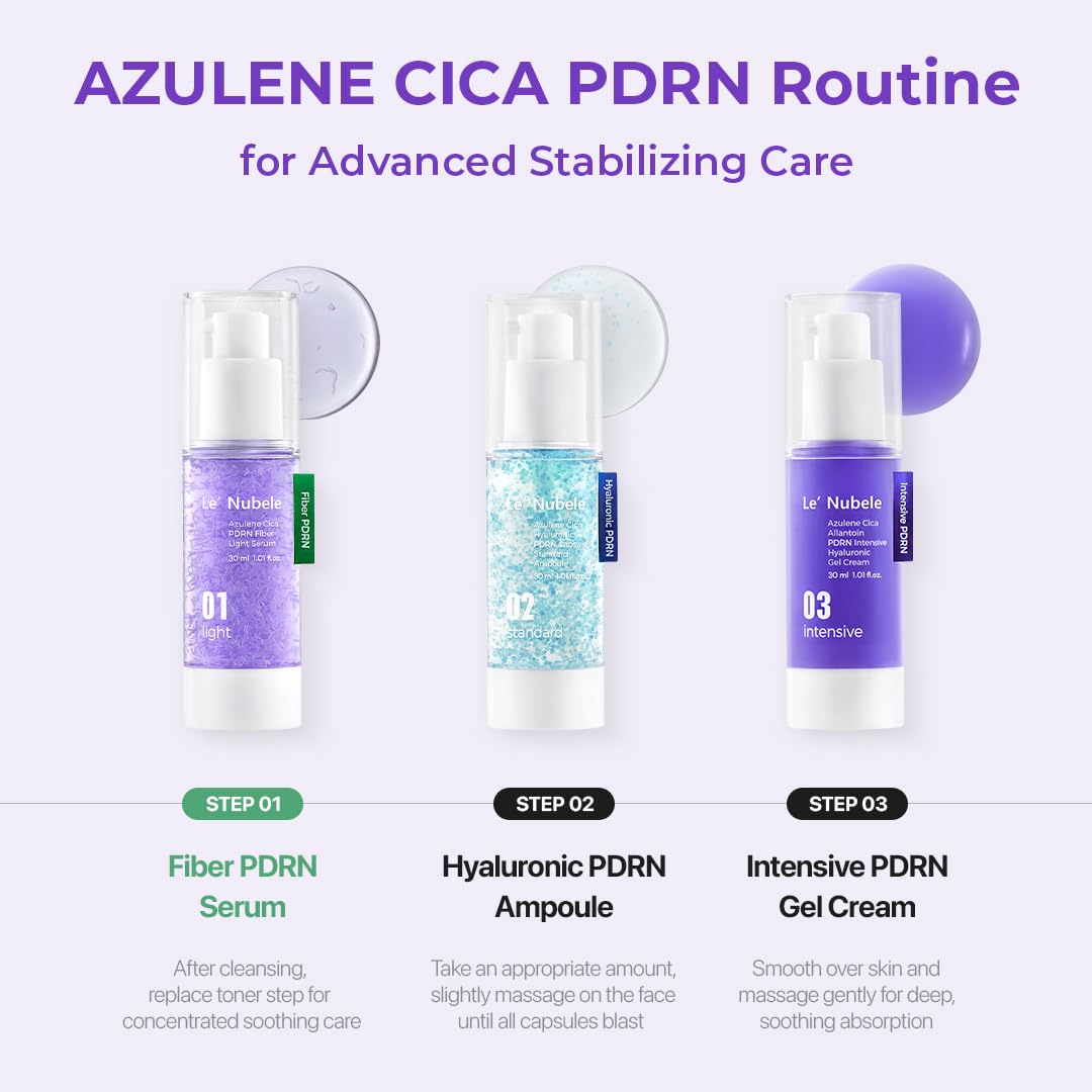 Le Nubele Azulene Cica PDRN Skin Regeneration Set (Serum + Ampoule + Gel Cream) 3-Step Skincare for Sensitive, Acne-Prone, and Aging Skin