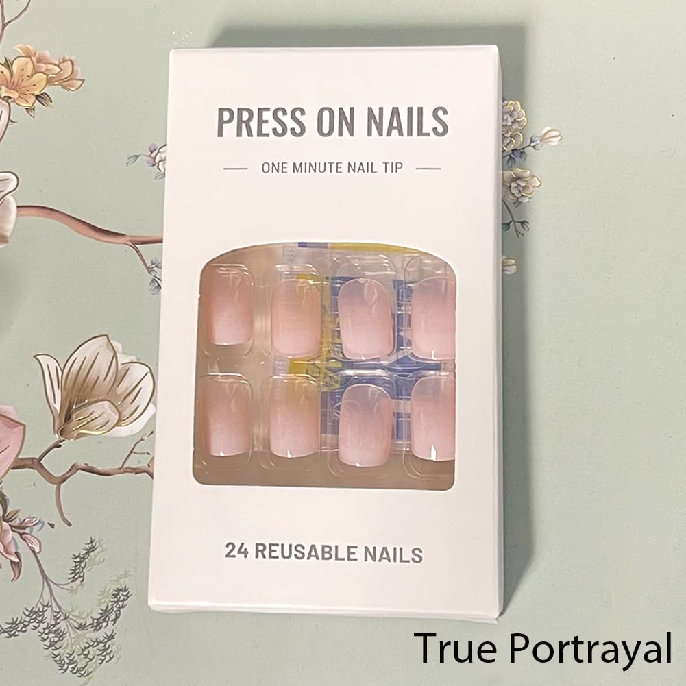 WAFOLOZE Nails Press ons,White Ombre Short Square Press on Nails Fake Nails Glossy Acrylic Artificial Nails Stick on Nails for Women 24Pcs