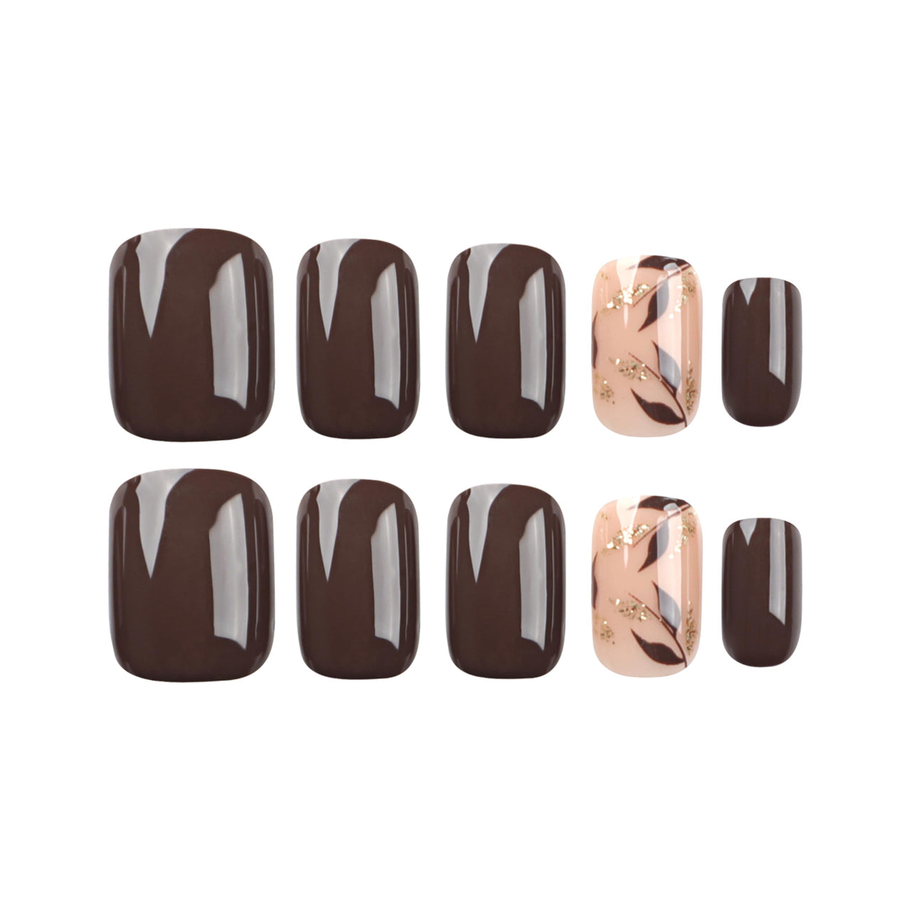 Stbisen Dark Brown Press on Nails Short Square Fake Nails with Golden Leaf Accents Glitter Designs, Glossy Gel Finish Acrylic Short Fake Nails, Thick Natural Glue on Nails Kit for Women, 24Pcs