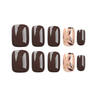 Thumbnail for Stbisen Dark Brown Press on Nails Short Square Fake Nails with Golden Leaf Accents Glitter Designs, Glossy Gel Finish Acrylic Short Fake Nails, Thick Natural Glue on Nails Kit for Women, 24Pcs