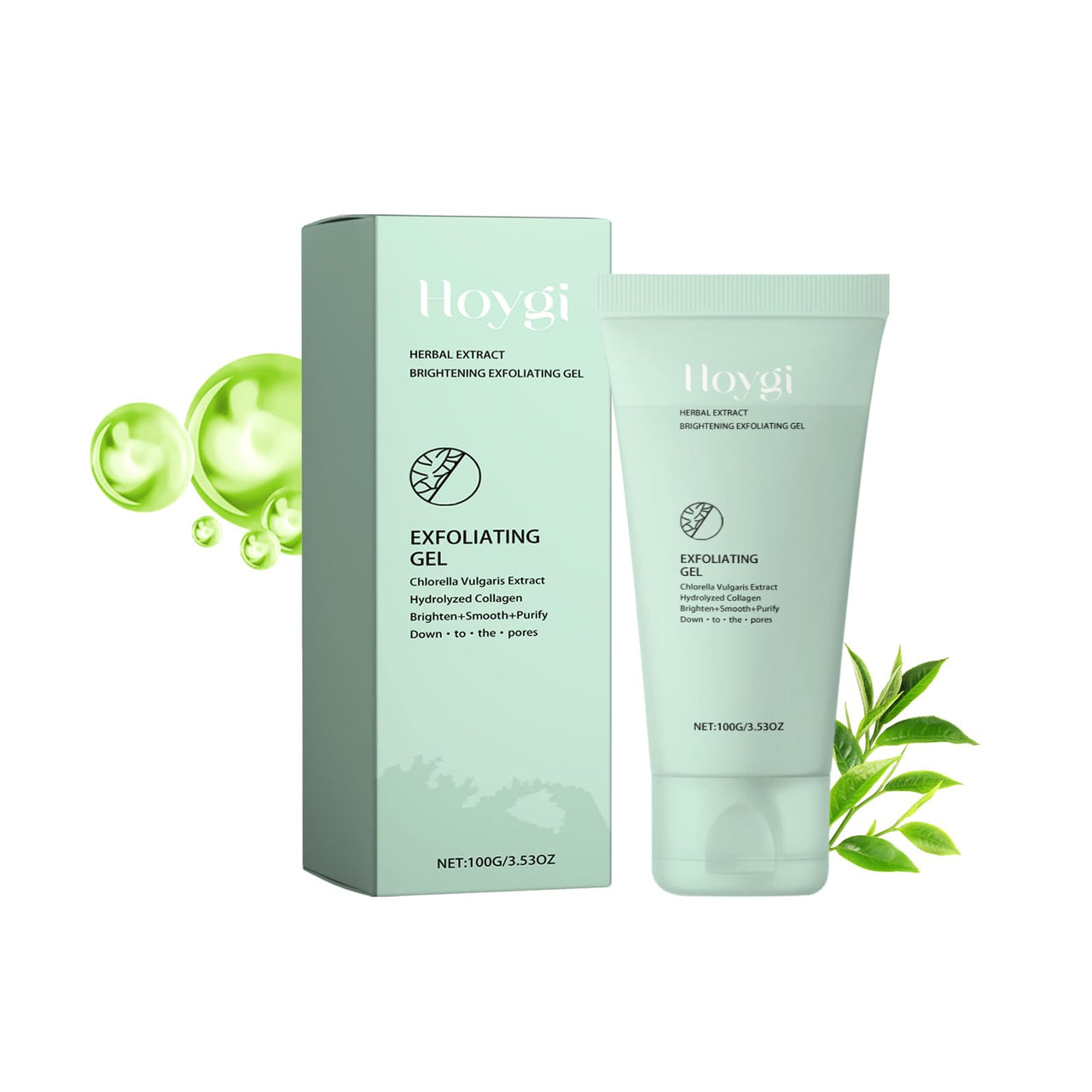 Gentle Exfoliating Facial Gel - Mint Green, with Chlorella & Hydrolyzed Collagen, Deep Cleansing, Pore Minimizer, Smoothing Scrub, 3.53 Oz