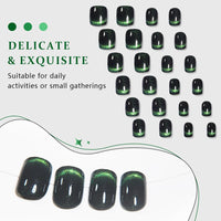 Thumbnail for Dark Green Cat Eye Extra Short Press on Nails Square, Petite Short Square Glue on Nails for Women Gift, Smile Light Green Metallic Glitter Glossy Reusable Gel Press on Acrylic Fake Nail with Designs | Premium Nail Wraps