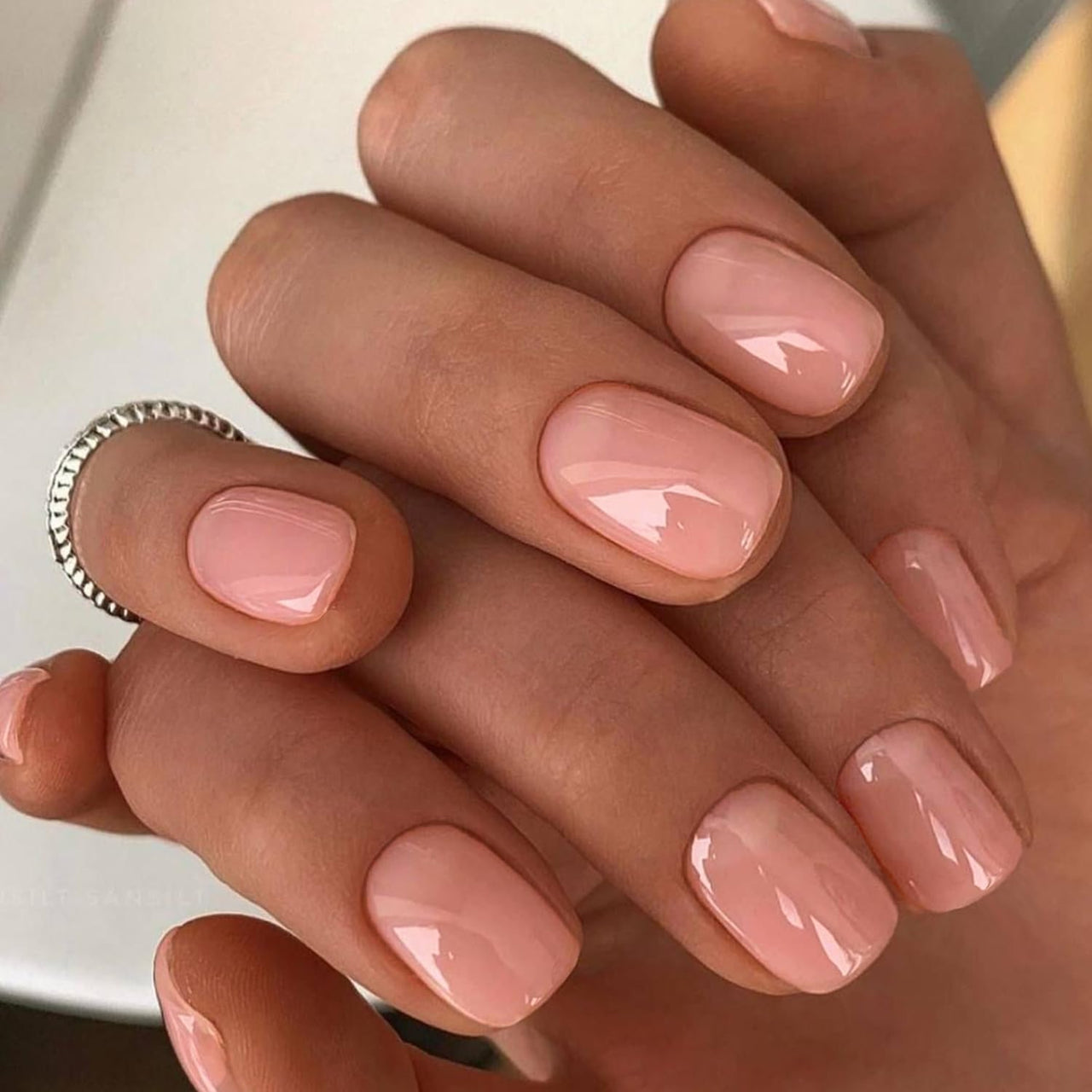 GLAMERMAID Extra Short Press on Nails, Nude Pink Fake Nails Short Squoval, Natural Round Square Glue on Nails Glossy Gel, Acrylic Metal False Nail Kits for Women, Reusable Stick on Full Cover Nails