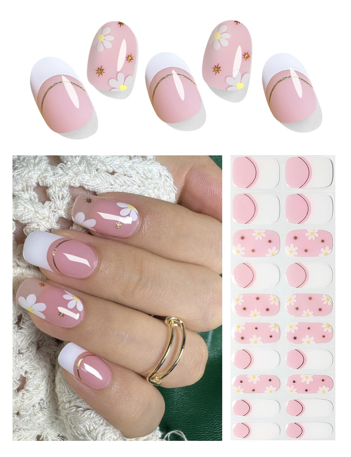 Semi Cured Gel Nail Strips - French Pink Flower Hydrangea Nail Wraps, 20pcs, UV Ready for DIY Nails