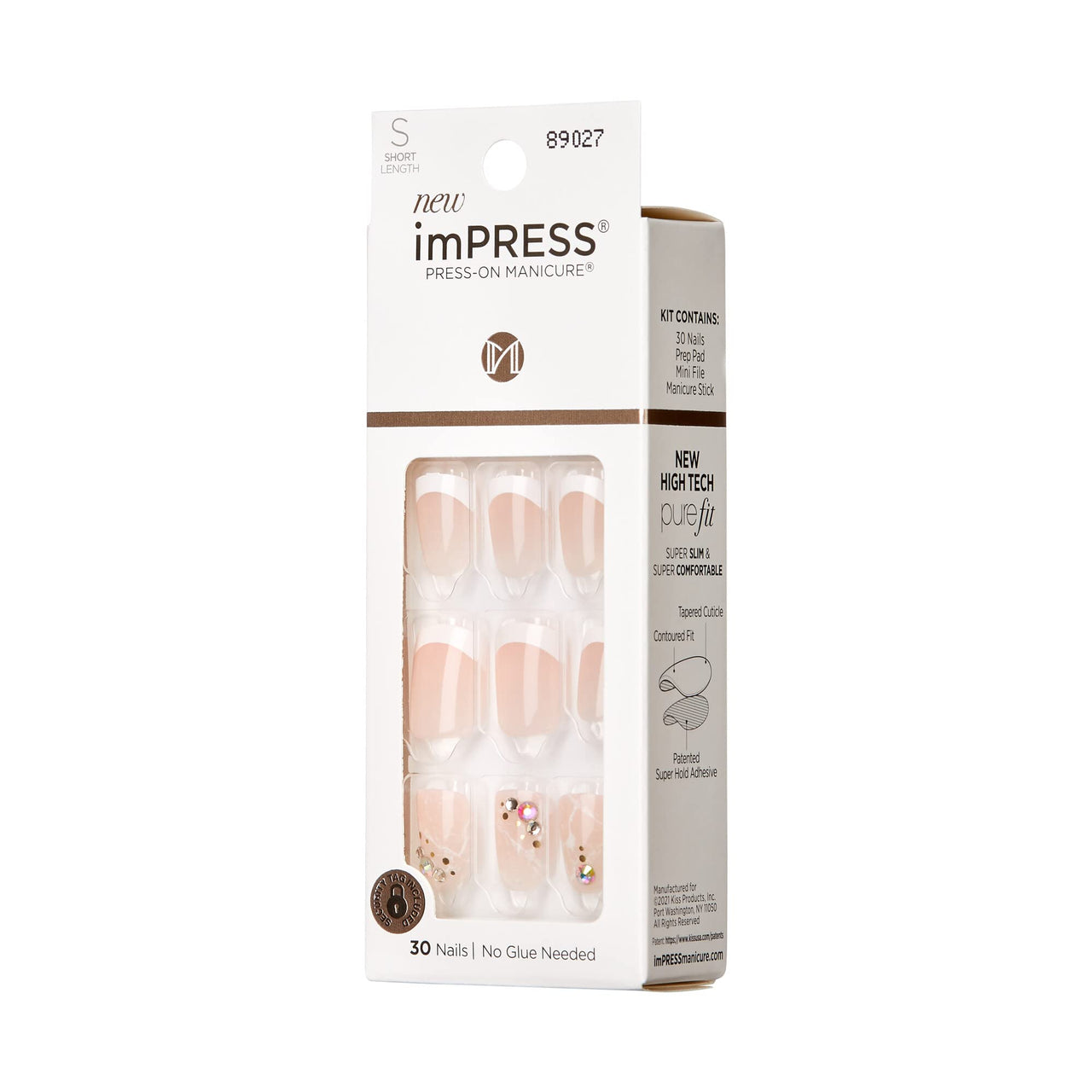 KISS imPRESS No Glue Mani Press On Nails, Design, 'My Worth', White, Short Size, Squoval Shape, Includes 30 Nails, Prep Pad, Instructions Sheet, 1 Manicure Stick, 1 Mini File | Premium Nail Wraps