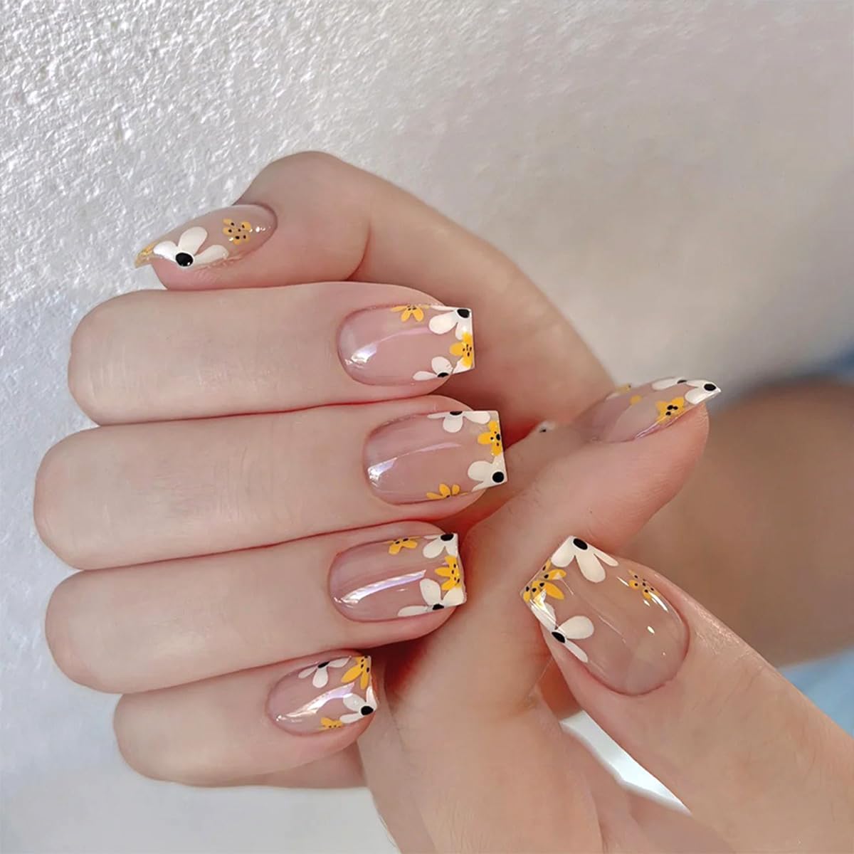 144 Pcs Press on Nails Short Square Fake Nails Flower False Nails with Designs Spring Summer Floral Glue on Nails Full Cover Glossy Acrylic Stick on Nail for Women Manicure 6 Packs