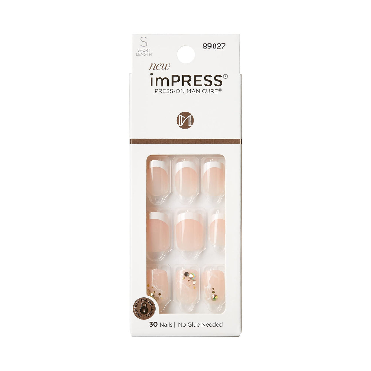 KISS imPRESS No Glue Mani Press On Nails, Design, 'My Worth', White, Short Size, Squoval Shape, Includes 30 Nails, Prep Pad, Instructions Sheet, 1 Manicure Stick, 1 Mini File | Premium Nail Wraps - Premium Nail Wraps, Salon-Quality, Easy Application