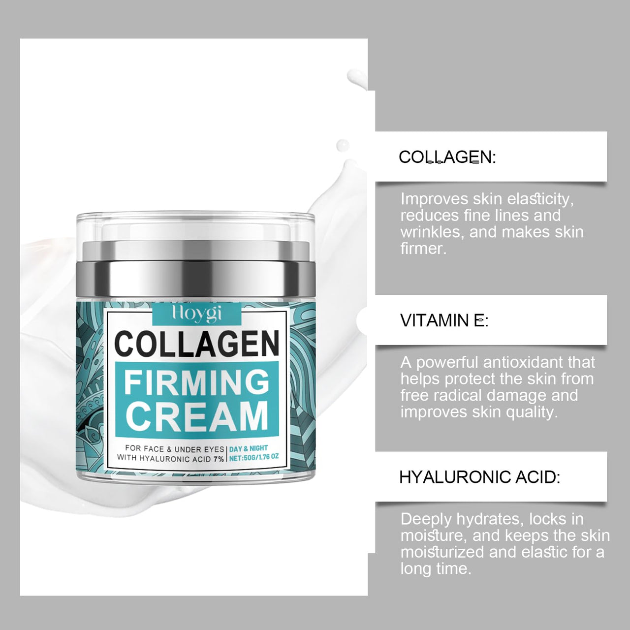 AMALIA Collagen Firming Cream with Hyaluronic Acid 7%, Day and Night Face Cream, Anti-Aging Moisturizer for Face and Under Eyes, 1.76 oz
