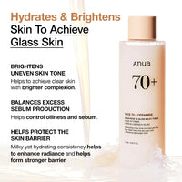 Thumbnail for ANUA Rice 70 Glow Milky Toner, for Glass Skin, Rice Water, Niacinamide, Ceramides, Panthenol, Fragrance-Free, Non comedogenic, Fungal Acne Safe, Korean Skin Care, 250ml/8.45fl.oz.