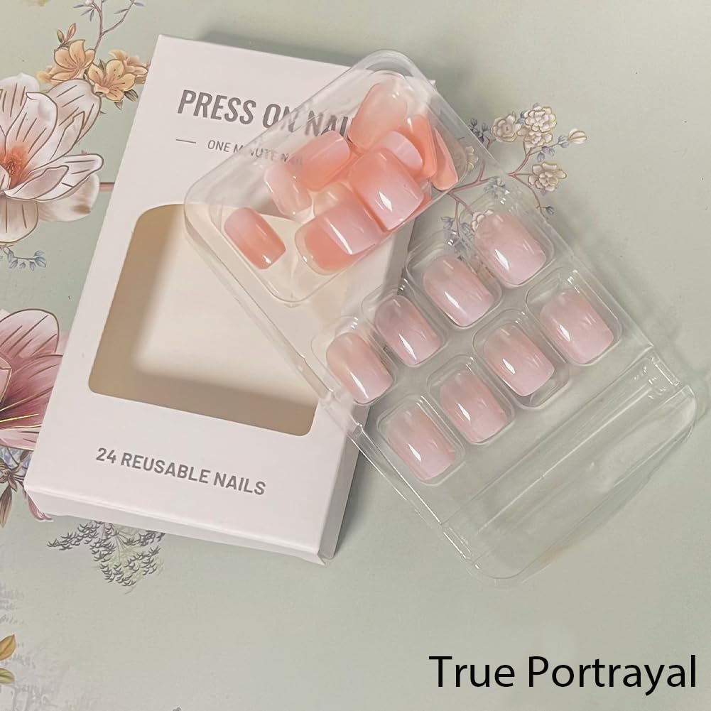 WAFOLOZE Nails Press ons,White Ombre Short Square Press on Nails Fake Nails Glossy Acrylic Artificial Nails Stick on Nails for Women 24Pcs