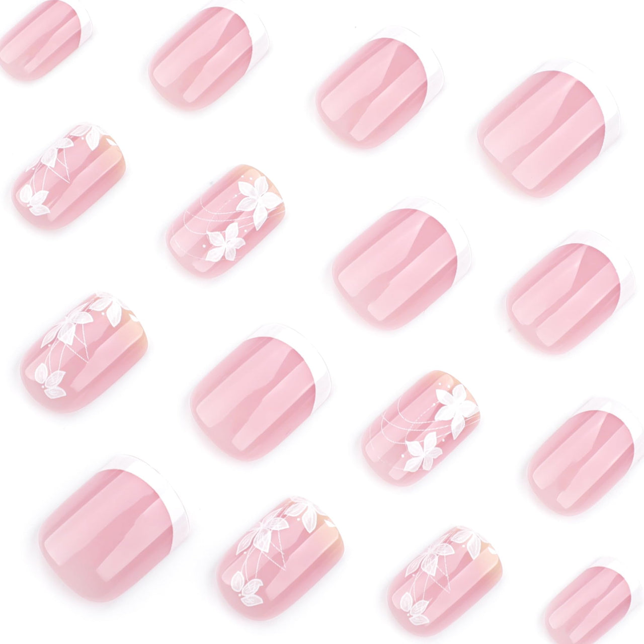 Spring Press On Nails Short Square, Nude Fake Nails with White French Tips Delicately Adorned with White Floral Accents, Glossy Gel Finish Acrylic Nails Press Ons Short Thick Natural Glue On Nails Kit