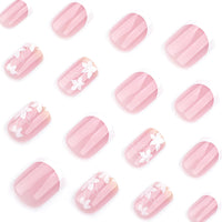 Thumbnail for Spring Press On Nails Short Square, Nude Fake Nails with White French Tips Delicately Adorned with White Floral Accents, Glossy Gel Finish Acrylic Nails Press Ons Short Thick Natural Glue On Nails Kit