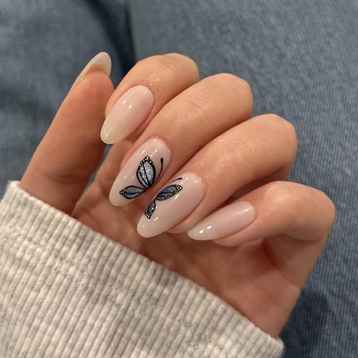 Mivota Butterfly Press On Nails Almond Shape, Nude Fake Nails with Butterfly Cat Eye Gray Ombre Design, Glossy Gel Finish Acrylic Nails Kit for Women, Natural Reusable Glue-On Nails Set, 24 Pcs | Premium Nail Wraps - Premium Nail Wraps, Salon-Quality, Easy Application