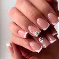 Thumbnail for French Nude Press On Nails Short Square, Summer Fake Nails with White French Tip and 3D Daisy Flower Design, Glossy Gel Finish Acrylic Nails, Natural Reusable Glue On Nails Kit for Women, 24 Pcs