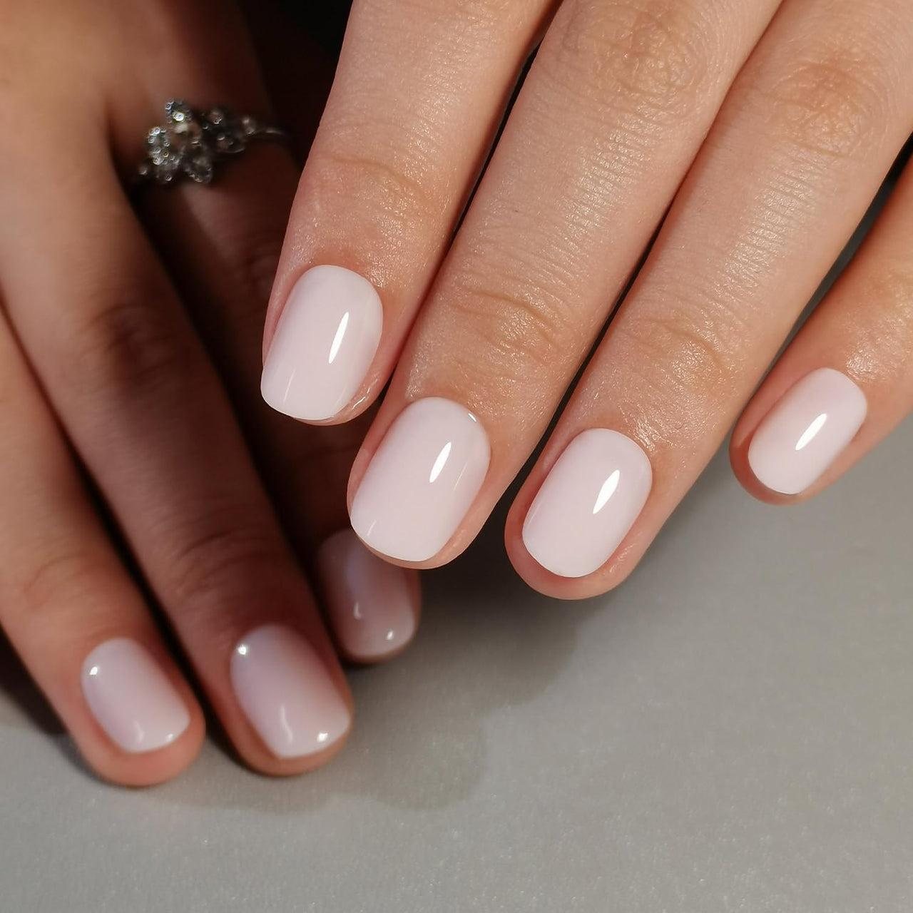 Curvlife Press on Nails Milky White Short Square Acrylic Fake Nails with Apricot Design Full Cover Glossy Nude Glue on Nails Artificial for Women 30Pcs