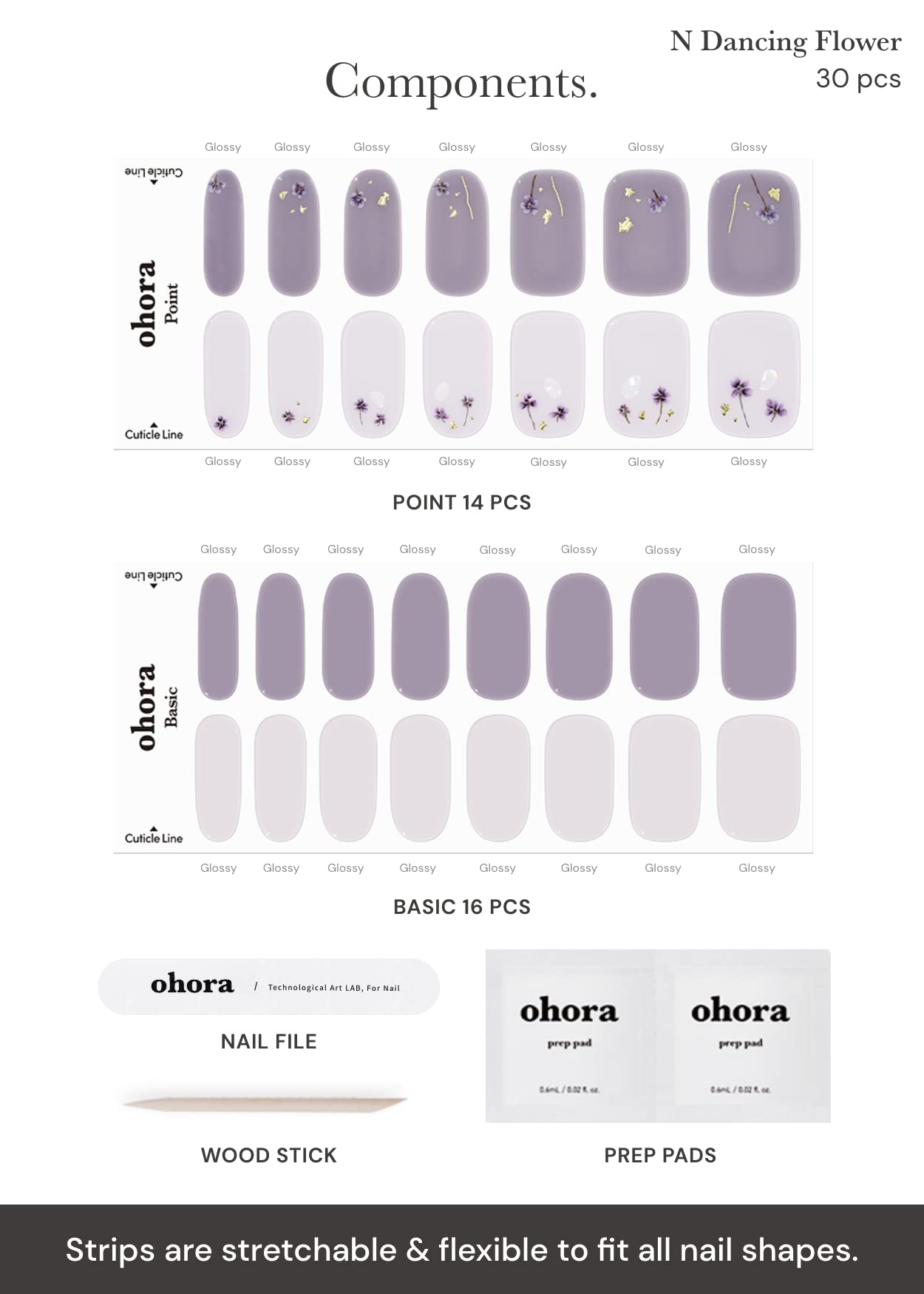 ohora Semi Cured Gel Nail Strips (N Dancing Flower) - White Works with Any UV/LED Lamps, Salon-Quality, Long Lasting, Easy to Apply & Remove - Includes 2 Prep Pads, Nail File & Wooden Stick