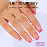 Thumbnail for Misssix XBASICTIPS French Tip Press On Nails, 150Pcs Pink Press On Nails Short Square, French Soft Gel Nail Tips, Pre-shaped No Need to File 3 in 1 Tips, Fake Nails for Nail Art DIY Designs 15 Sizes