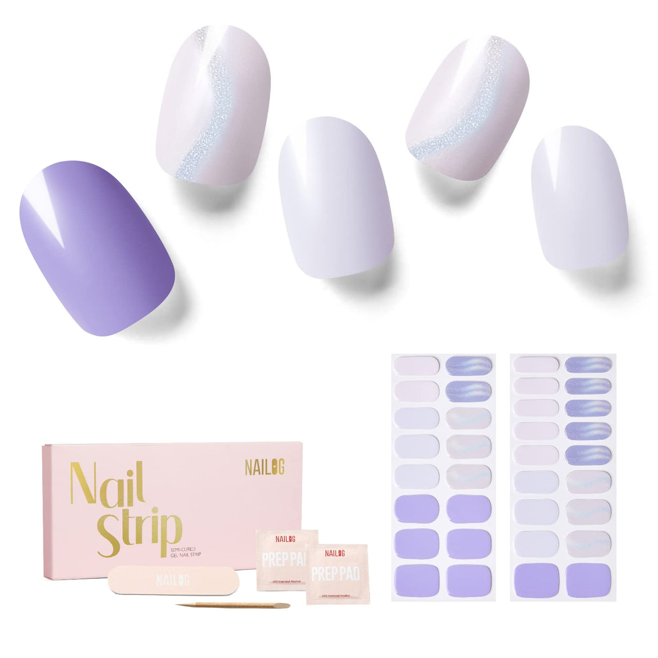 NAILOG Semi Cured Gel Nail Strips 34 pcs, Buy 2 Get 1 UV Lamp, Salon-Quality Gel Nail Nail Nail Wraps, Semicured Nail Nail Wraps with Soft Gel Finish | Lavender Mist