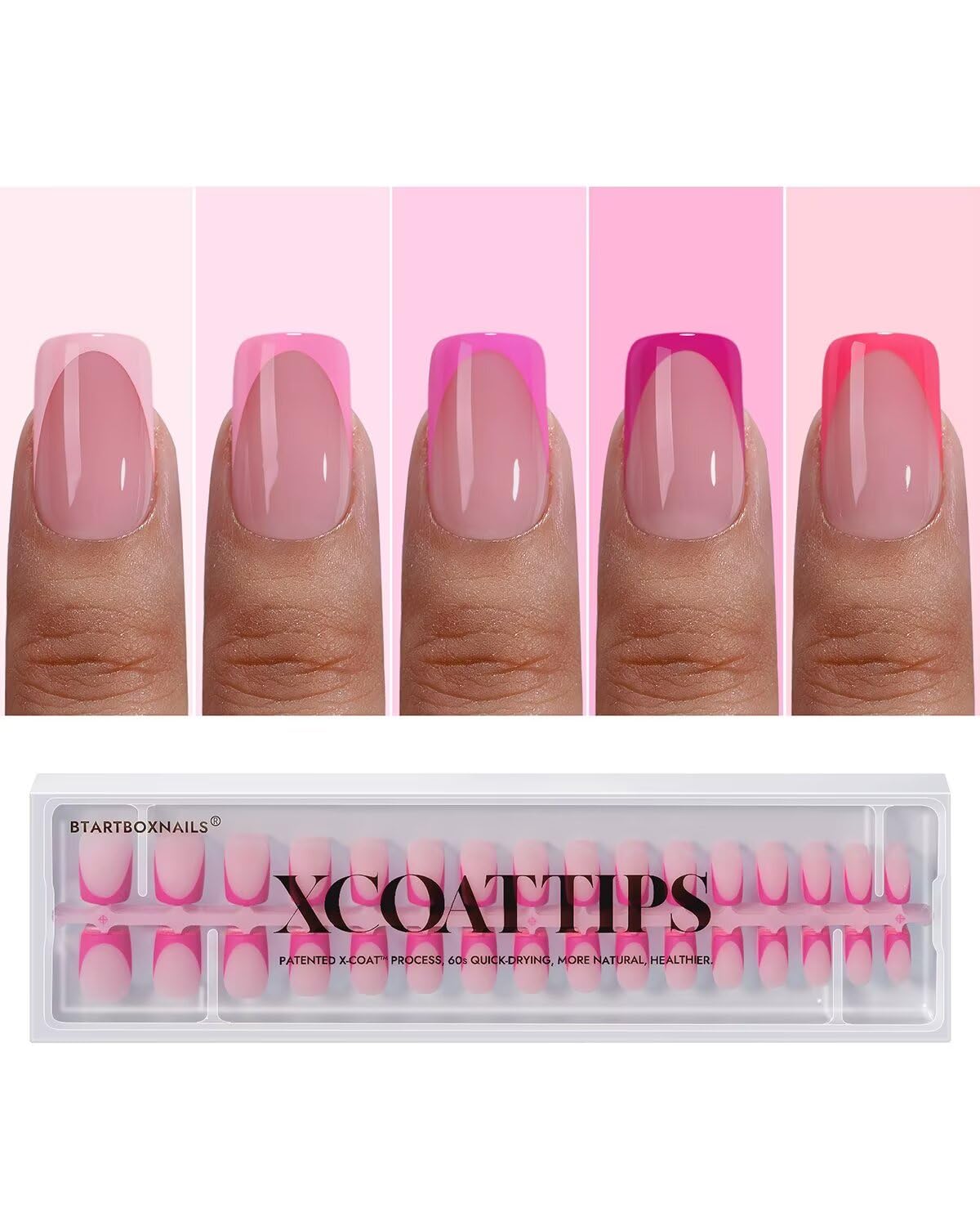 BTArtboxnails XCOATTIPS Pink French Tip Press On Nails - Short Press On Nails Square, Soft Gel Nail Tips, 160Pcs Soak Off Acrylic Pink Fake Nail Extension in 16 Sizes | Premium Nail Wraps - Premium Nail Wraps, Salon-Quality, Easy Application