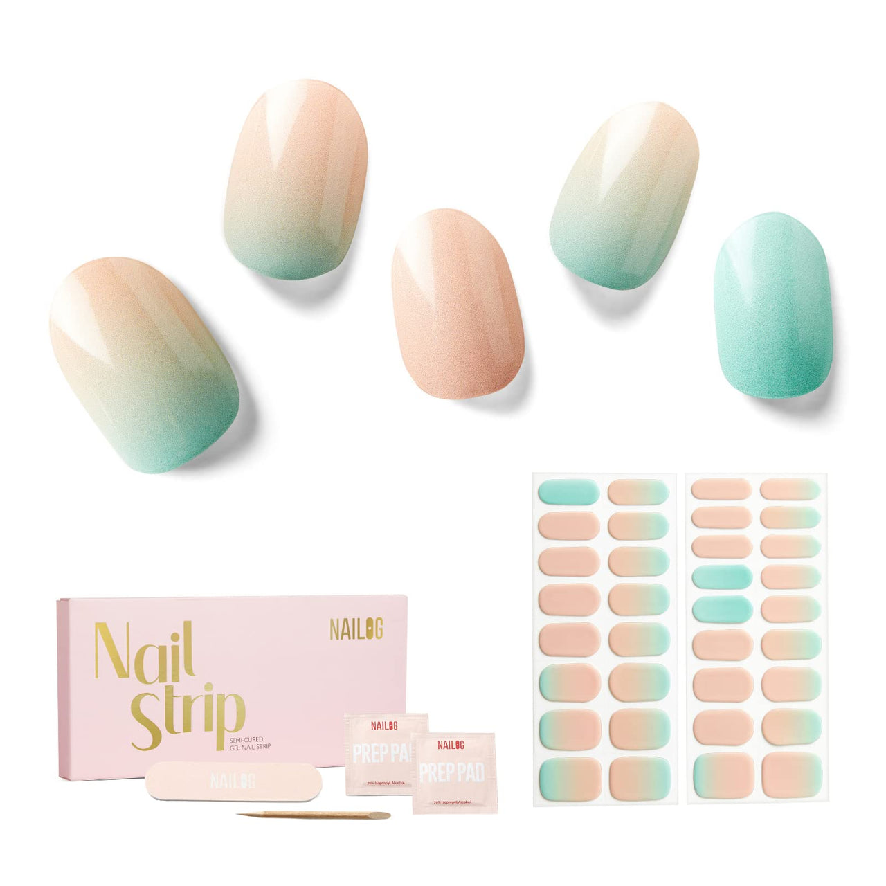 Nailog Semi Cured Gel Nail Strips 34 pcs | Long Lasting Nail Polish Sticker Nail Wraps with Glossy Gel Finish | New Dawn
