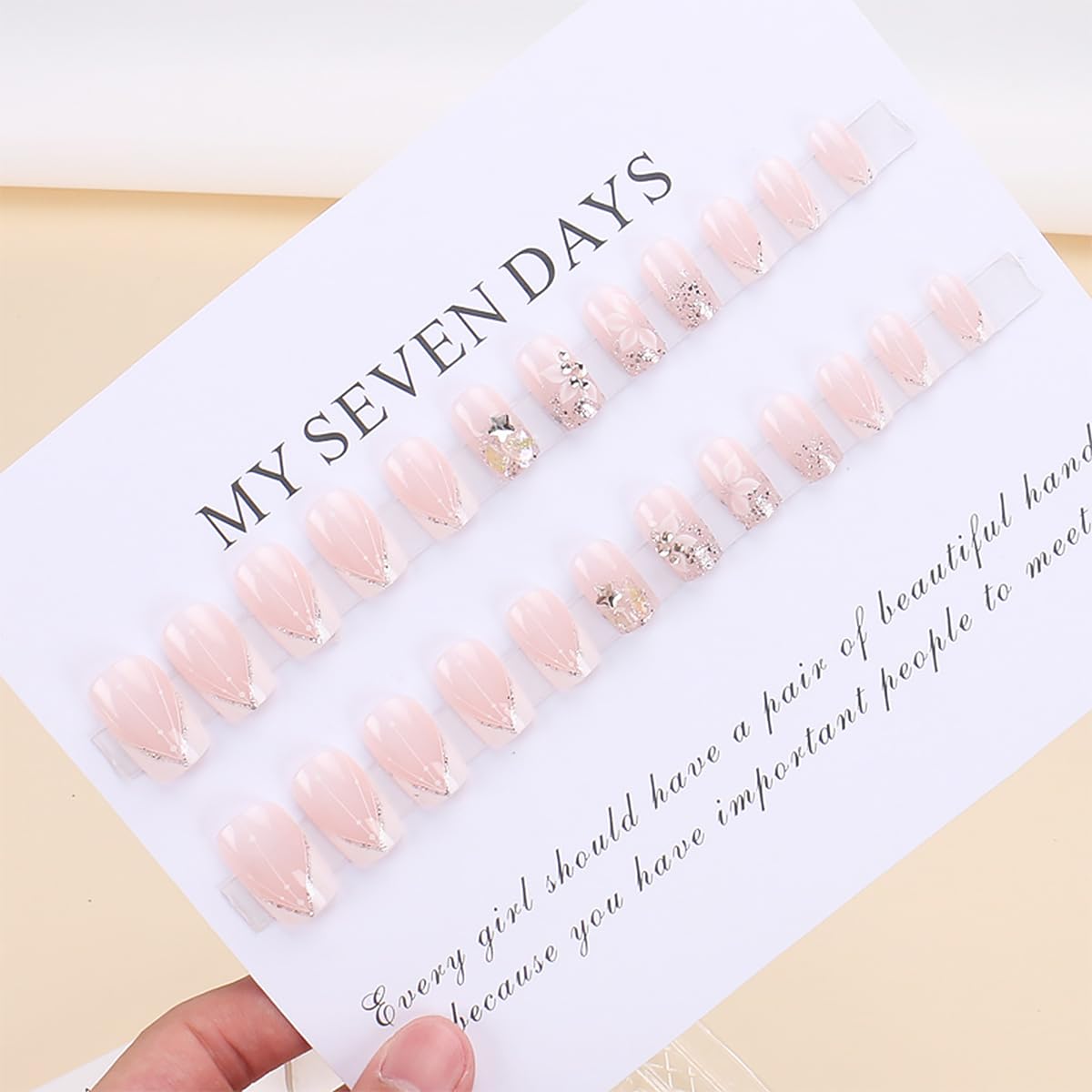 DZPGUONIZ 24pcs Short Square Press on Nails French Tip Fake Nails White Flower with Star Design Glitter False Nails Luxury Nail Charms Crafts White Stripes Glue on Nails for Women Manicure Tips
