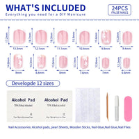 Thumbnail for Spring Press On Nails Short Square, Nude Fake Nails with White French Tips Delicately Adorned with White Floral Accents, Glossy Gel Finish Acrylic Nails Press Ons Short Thick Natural Glue On Nails Kit