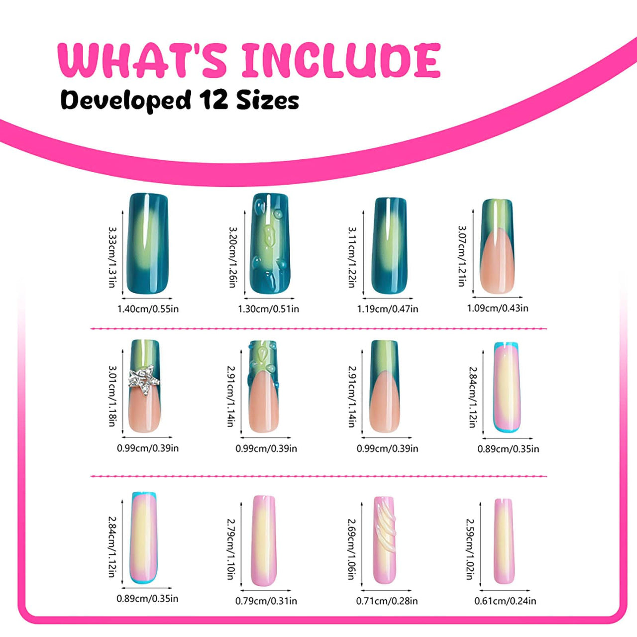 RUOKEXIN Long Square Press on Nails Green Ombre French Fake Nails Pink Ombre False Nails with 3D Star Designs Long Square Nail Press ons Sparkly Glue on Nails Cute Stick on Nails for Women 24Pcs