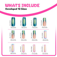 Thumbnail for RUOKEXIN Long Square Press on Nails Green Ombre French Fake Nails Pink Ombre False Nails with 3D Star Designs Long Square Nail Press ons Sparkly Glue on Nails Cute Stick on Nails for Women 24Pcs
