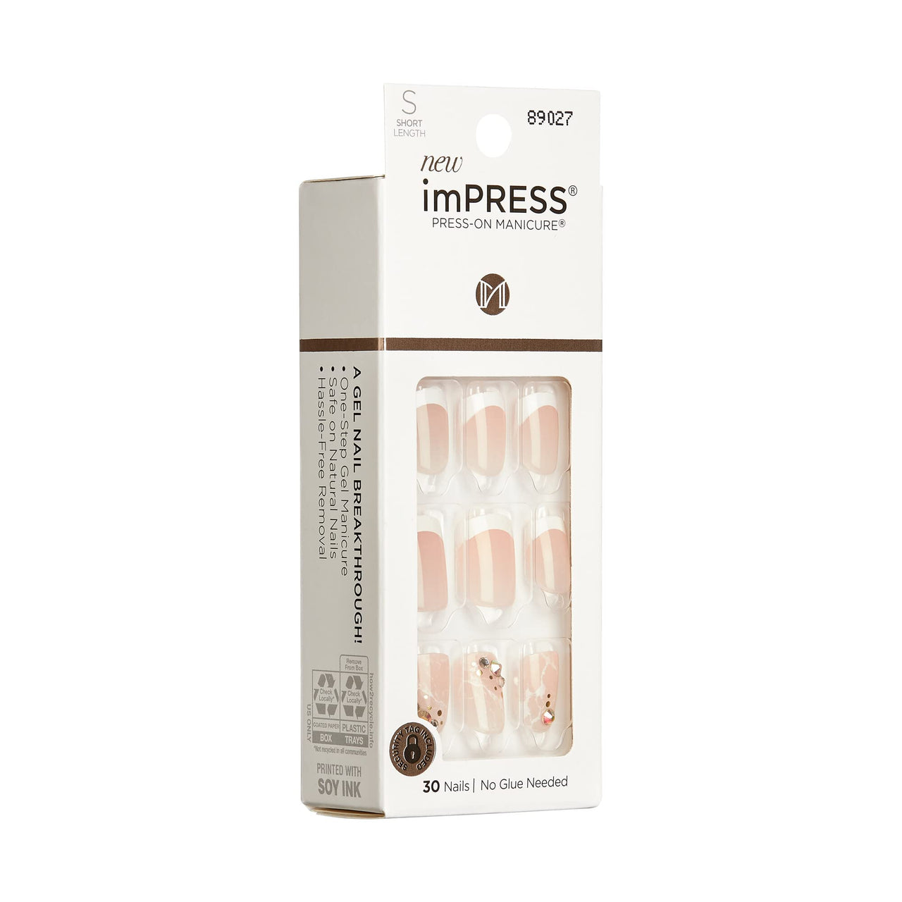 KISS imPRESS No Glue Mani Press On Nails, Design, 'My Worth', White, Short Size, Squoval Shape, Includes 30 Nails, Prep Pad, Instructions Sheet, 1 Manicure Stick, 1 Mini File | Premium Nail Wraps