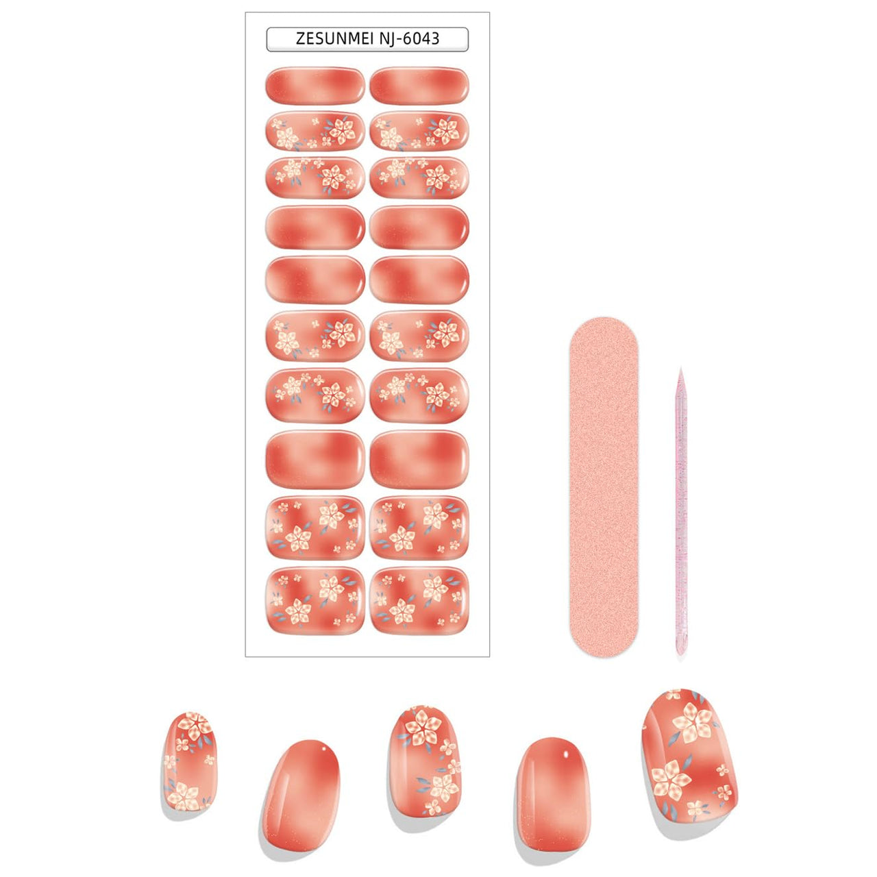 Semi Cured Gel Nail Strips - 20 Extra Long Nail Nail Wraps │ Long-Lasting & Salon-Quality with Soft Gel Finish │ Easy Application & Removal - Includes Nail File & Wooden Stick (Pink)