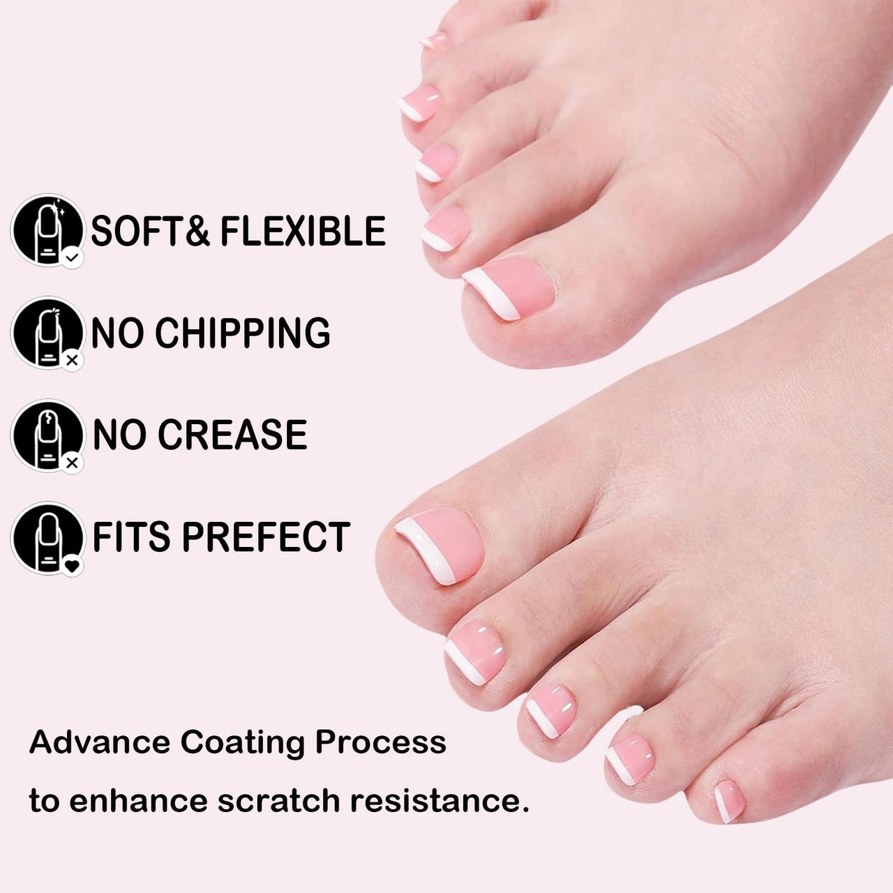 Pink Press on Nail for Women, OPkssnails 216pcs Summer French Tip Press on Toenails Short Square, Soft Gel Toe Nail Tips, Soak off Acrylic Fake Toe Nail Extensions 12 Sizes