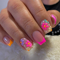 Thumbnail for French Tip Press on Nails Short Square Fake Nails Nude Pink False with Flower Designs Acrylic Artificial Nails Full Cover Glue on Nails Stick on Nails for Women Girls