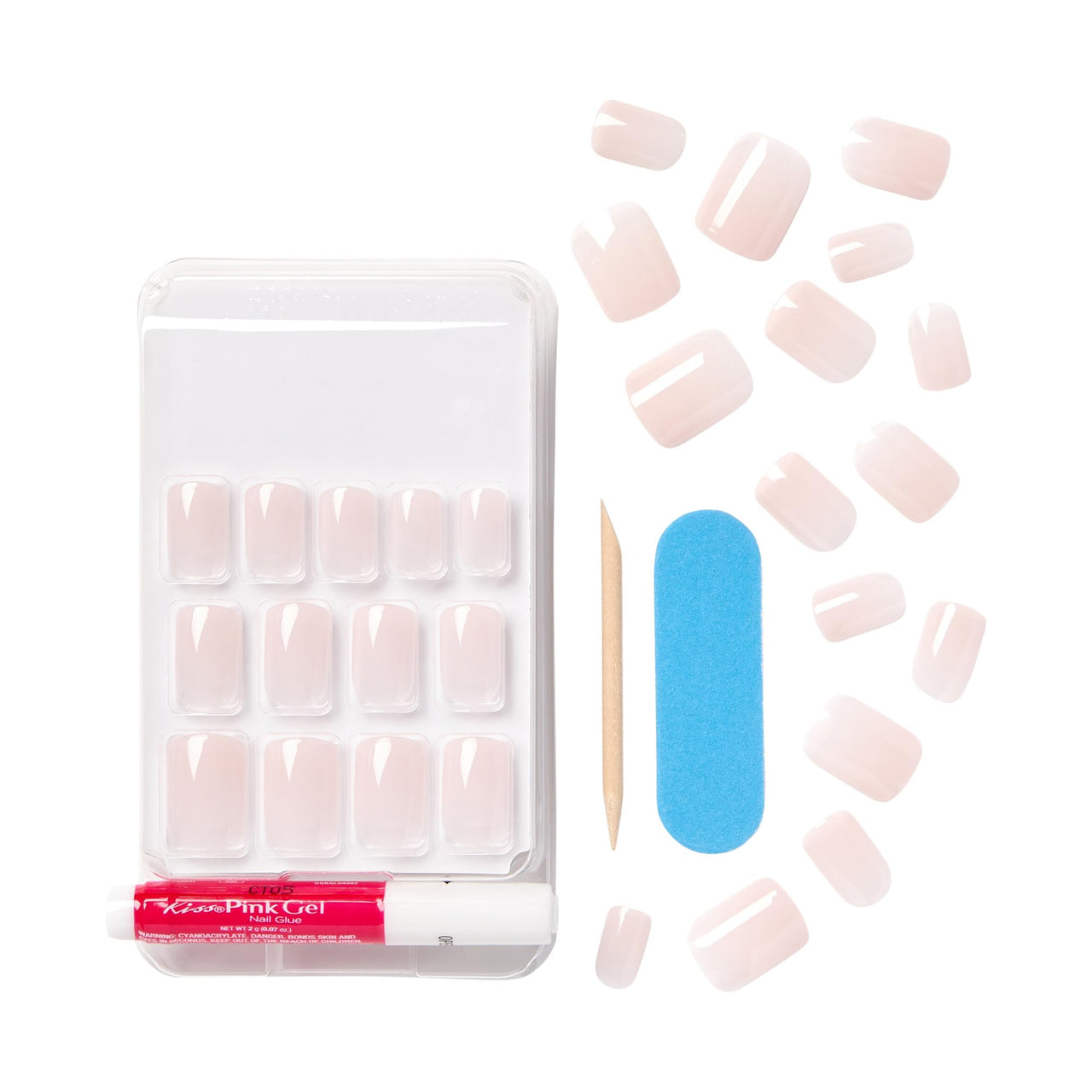 KISS Bare but Better Press On Nails, Glossy Pink, Short Length, Square Shape, 28 Fake Nails, Pink Gel Nail Glue Net Wt. 2g (0.07 Oz.), Mini Nail File, & Manicure Stick | Premium Nail Wraps