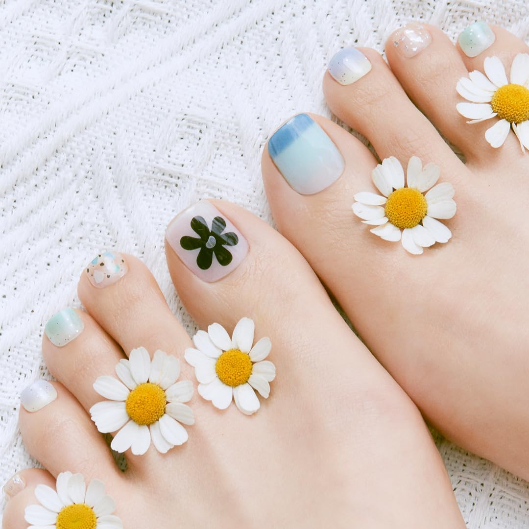 ohora Semi Cured Gel Nail Strips (P Flowery Ocean) - Works with Any Nail Lamps, Salon-Quality, Long Lasting, Easy to Apply & Remove - Includes 2 Prep Pads, Nail File & Wooden Stick