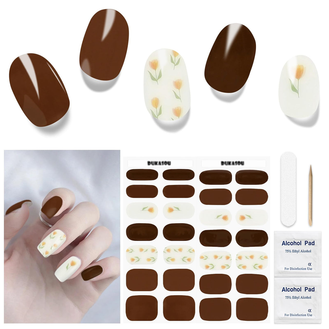 DUKASOU Semi Cured Gel Nail Strips, 28 pcs UV Gel Nail Stickers Full Nails Wraps for Women Home DIY Nails Art, UV Light Required(Tulip)