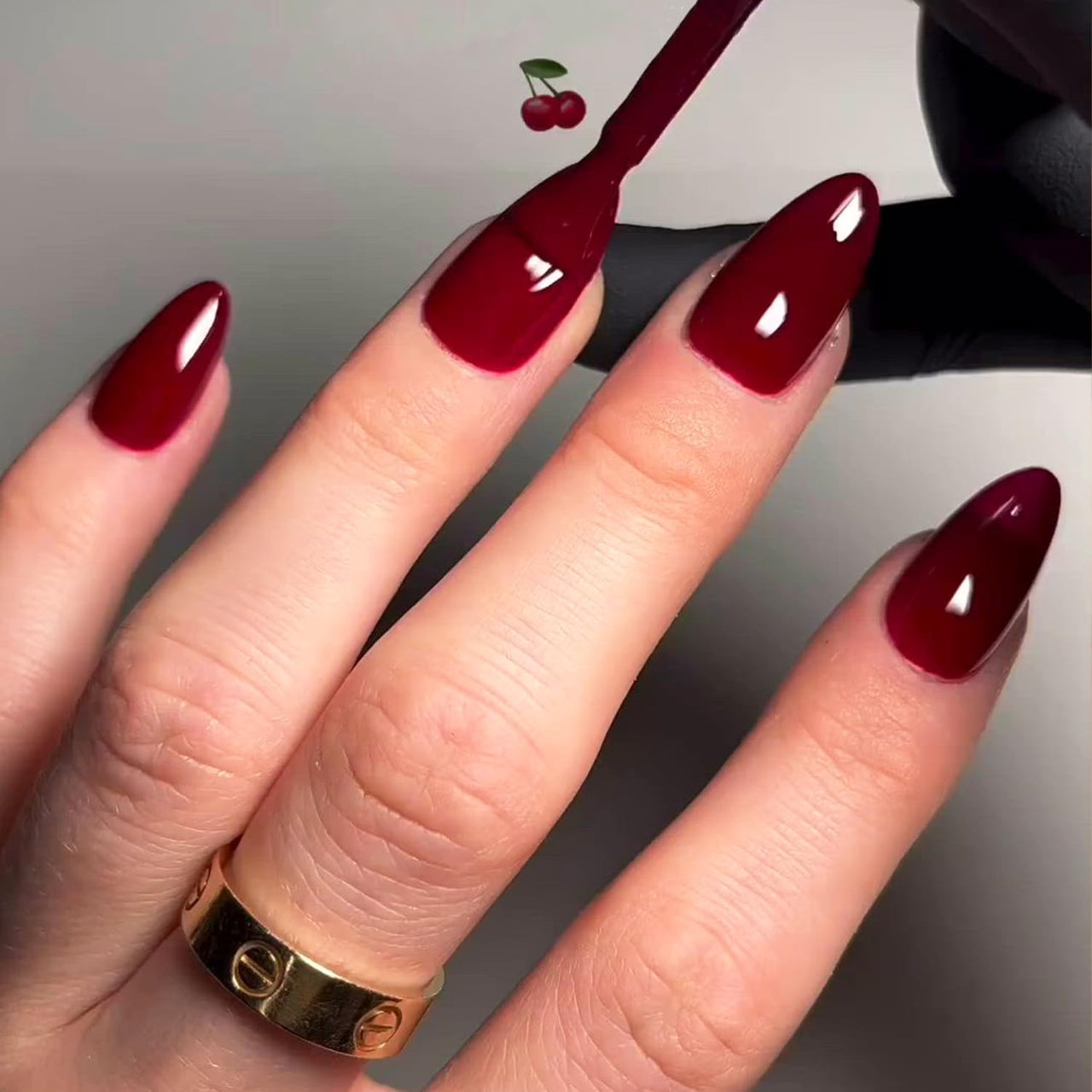 GLAMERMAID Cherry Red Press on Nails Medium Almond, Handmade Jelly Soft Gel Dark Red Glue on Nails Stiletto, Burgundy Emo Fake Nails Short Oval, Reusable Acrylic Stick on False Nails Kit for Women | Premium Nail Wraps
