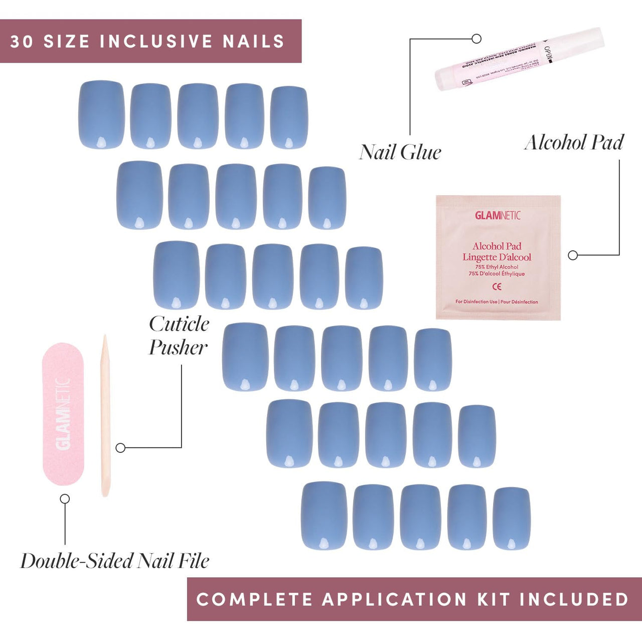 Glamnetic Press On Nails - Cashmere Blue | Opaque Soft Pale Blue Short Squoval False Nails, Reusable Stick On Fake Nails with Glue | Salon Quality | 15 Sizes - 30 Nail Kit | Premium Nail Wraps