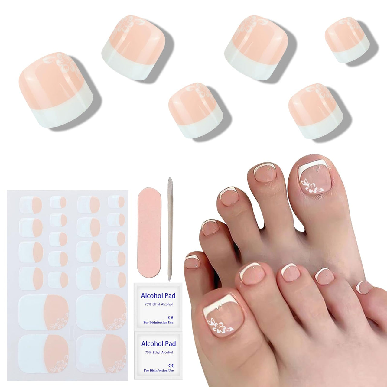 VOTACOS Nail Polish Strips for Toes, No UV Needed, Toe Nails Stickers White Flower French Toenail Gel Nail Strips Pedicure Full Nails Wraps for Women with 1 Wooden Stick, 1 Nail File & 2 Prep Pad
