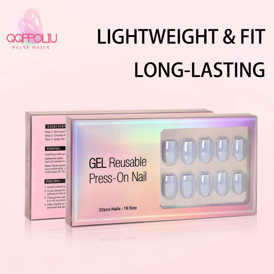 QQPPOLIU Gel Press on Nails - Square, Short, Glue on Nails - (Glossy, Lipstick, White French Tip)