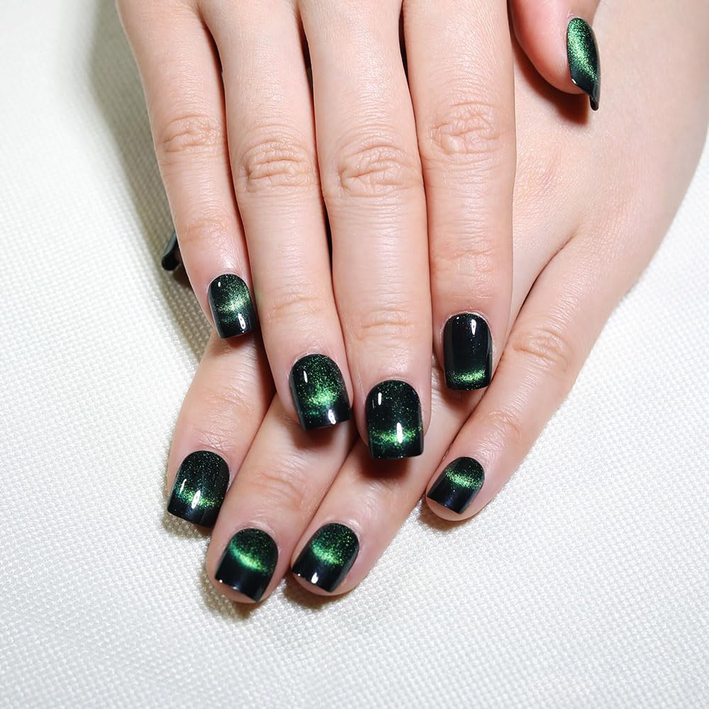Dark Green Cat Eye Extra Short Press on Nails Square, Petite Short Square Glue on Nails for Women Gift, Smile Light Green Metallic Glitter Glossy Reusable Gel Press on Acrylic Fake Nail with Designs | Premium Nail Wraps - Premium Nail Wraps, Salon-Quality, Easy Application